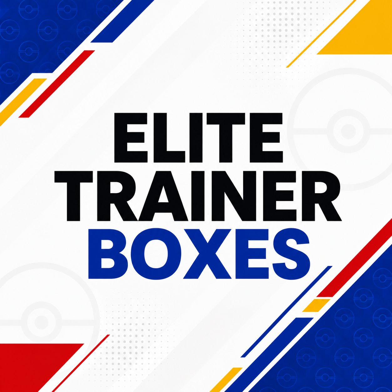 Promotional graphic with the text 'ELITE TRAINER BOXES' in bold black and blue lettering on a white background with blue, red, and yellow geometric accents.